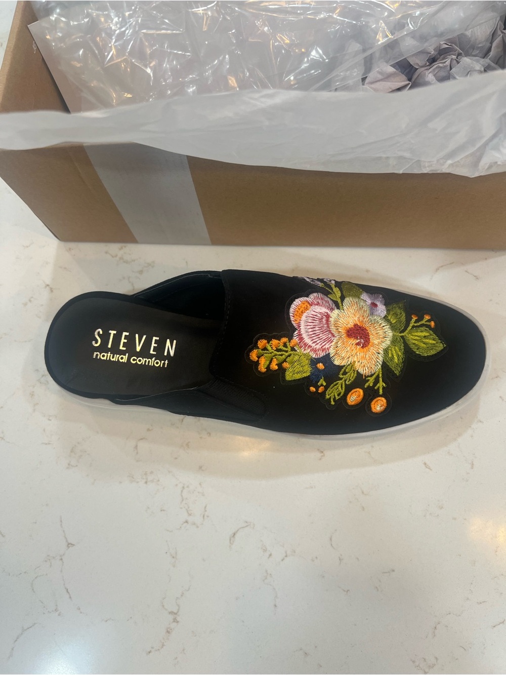 Steven By Steve Madden Black Slip-On Mules with Embroidered Floral Detail